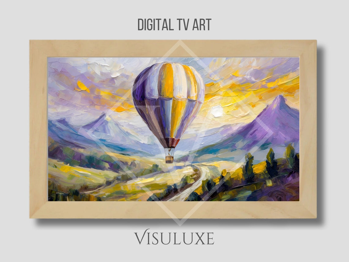 Purple Yellow Hot Air Balloon Flying Over Mountains Sunset Poster - Image 4