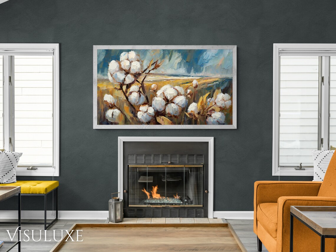 White Cotton Bolls Golden Field Impasto Farm Harvest Painting Poster - Image 3