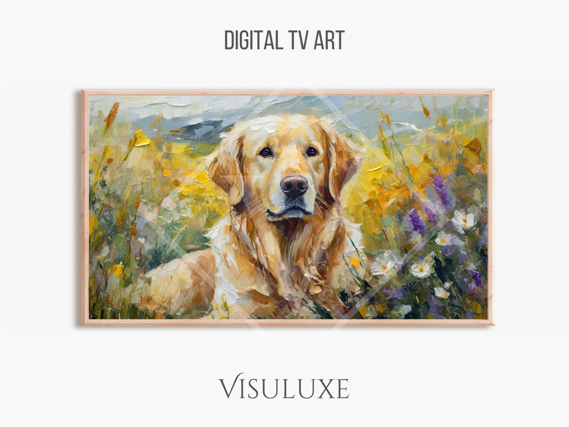Golden Retriever In Wildflowers Painting Frame Tv Art Golden Retriever Art Oil Painting Heavy Brushstrokes Dog Pet Screensaver Tv 169 Ar