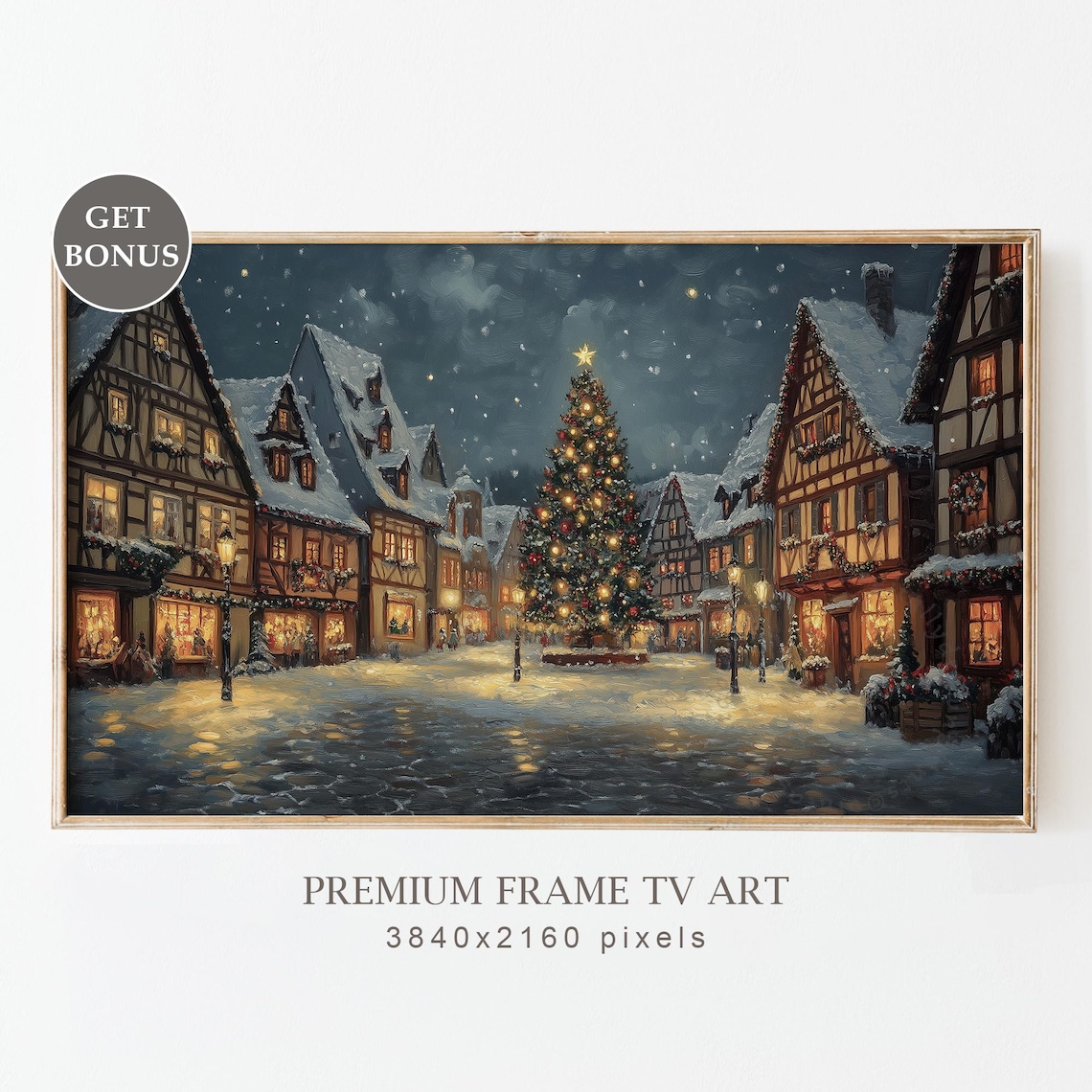 Snowy European Old Town Christmas Tree Night Vintage Holiday Poster