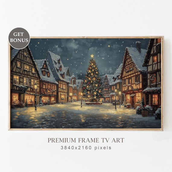 Moody Christmas Frame Tv Art Vintage Christmas Town Tv Art Snowy Village Landscape Christmas Tree Painting Winter Tv Screensaver