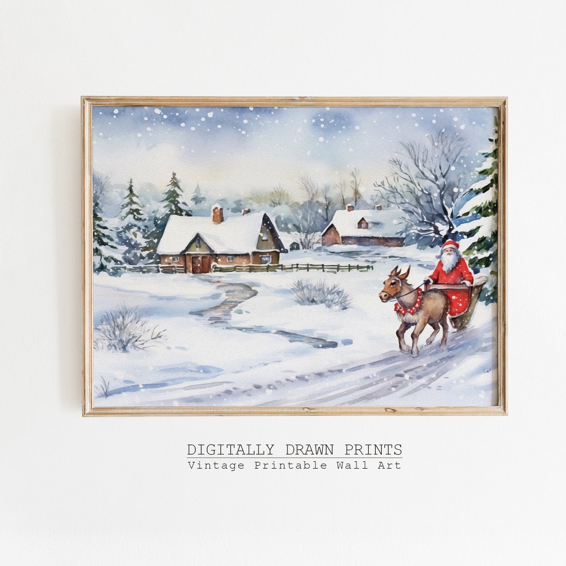 Christmas Wall Art Vintage Santa Oil Painting And Snowy Village Seasonal Christmas Decor Christmas Art Print
