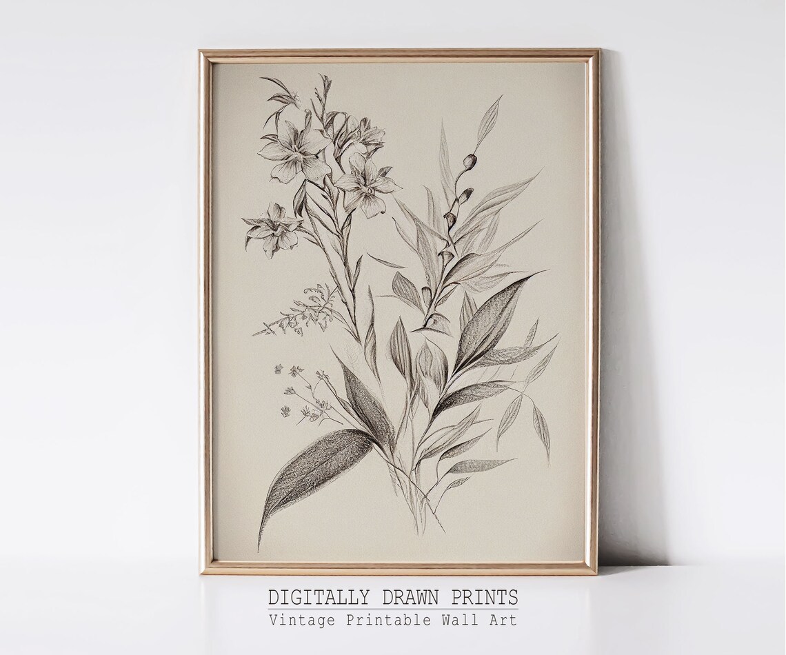 Vintage Botanical Pencil Sketch Flowering Branch Antique Art Print