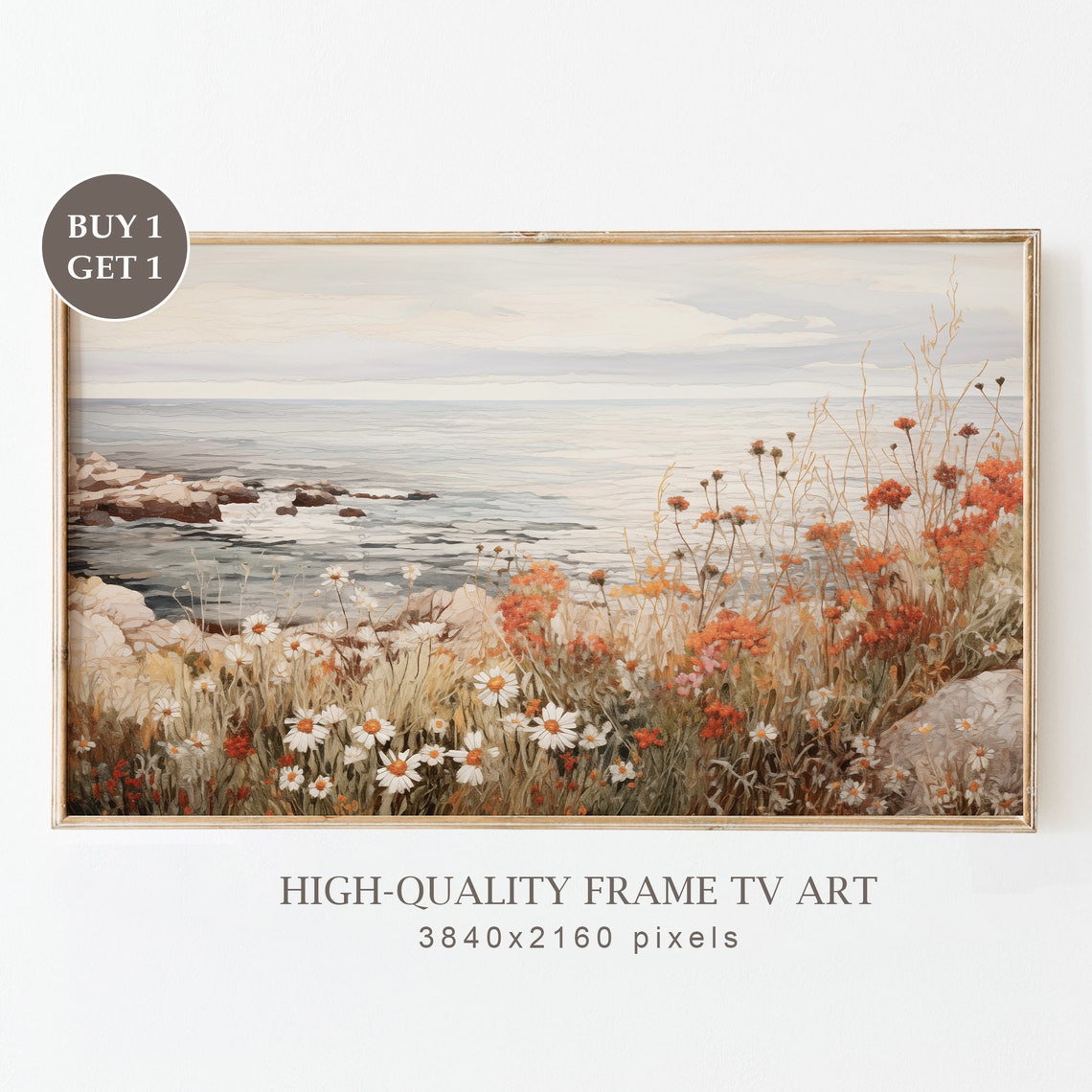 Wildflower Cliff Overlooking Calm Sea Rocky Coast Landscape Print