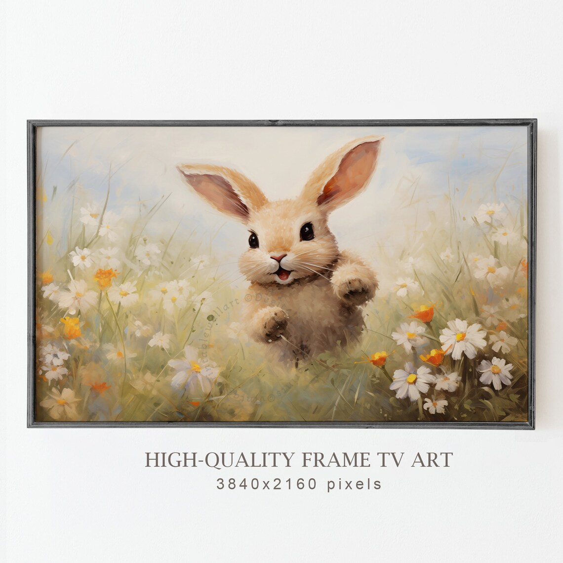 Cute Baby Bunny Jumping Wildflower Field Watercolor Easter TV Poster - Image 4
