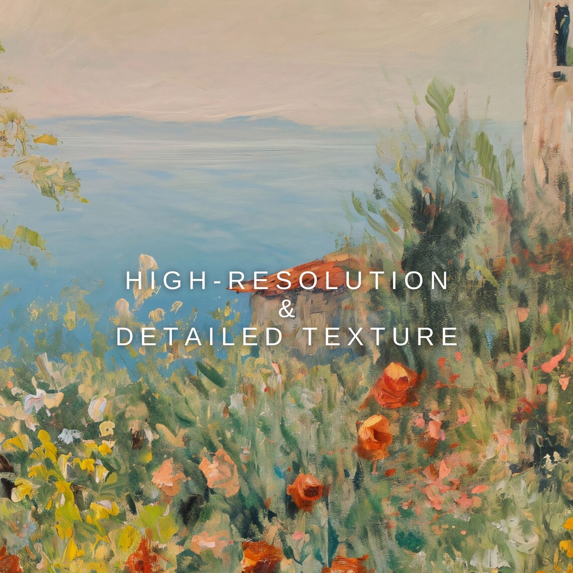 Vintage Mediterranean Garden Woman Pink Dress Sea Villa Oil Painting Art - Image 2