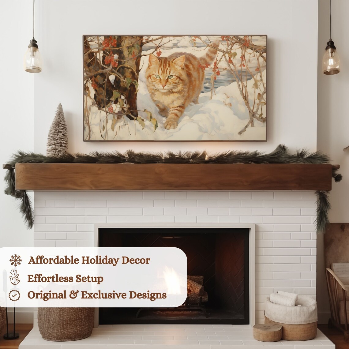 Orange Tabby Cat Walking Through Snow Winter Christmas Art Poster - Image 3