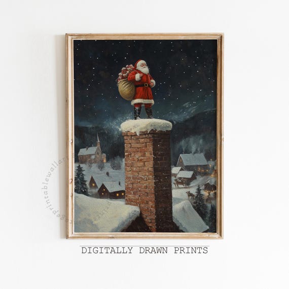 Vintage Santa On The Rooftop Christmas Art Print