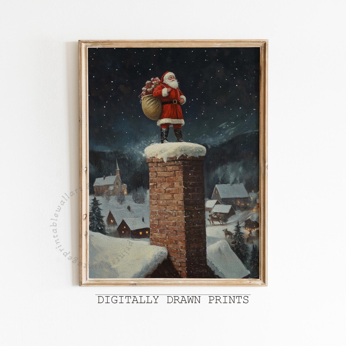 Vintage Santa On The Rooftop Christmas Art Print
