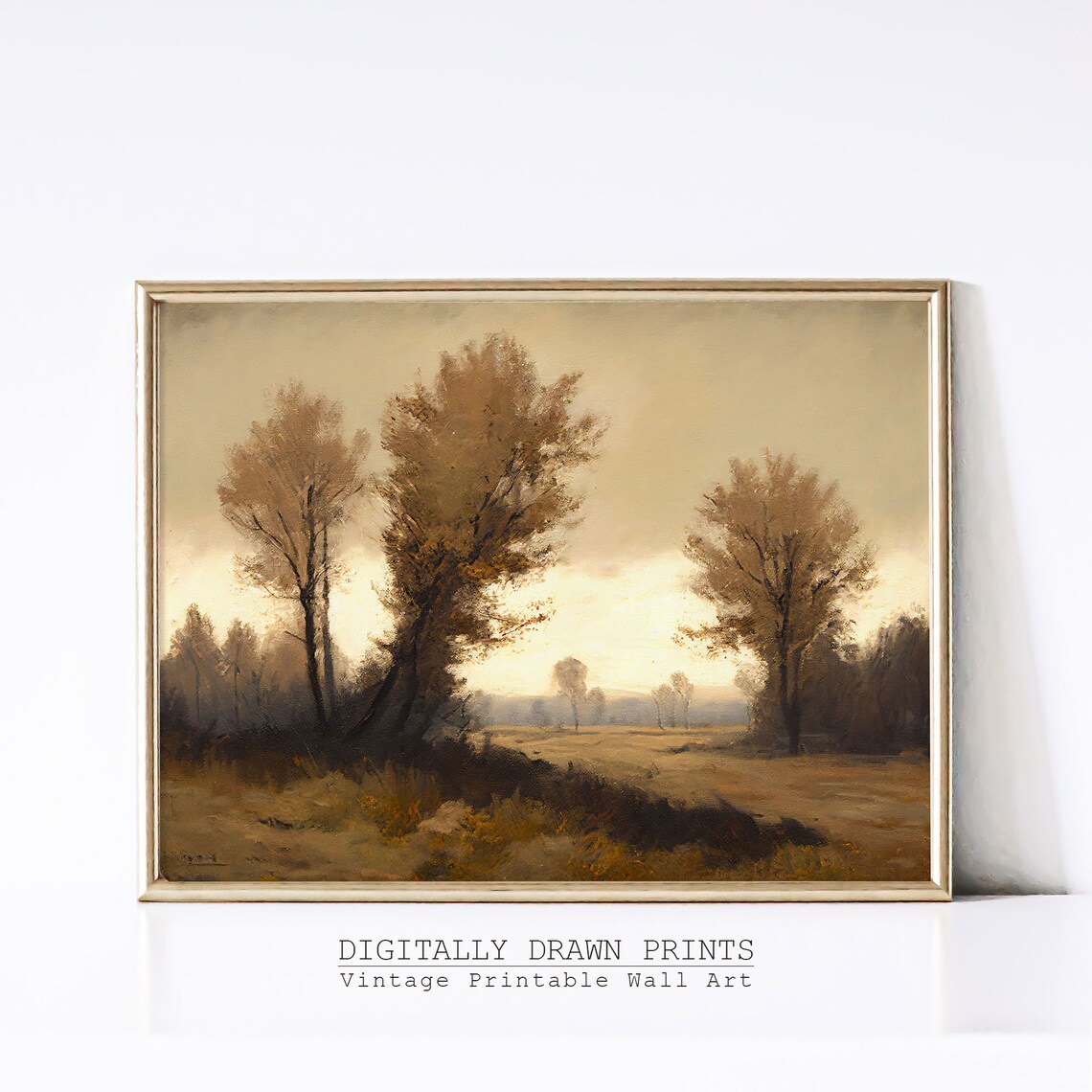 Moody Golden Autumn Field Tall Trees Vintage Landscape Oil Poster