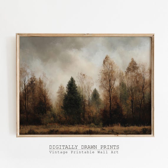 Moody Autumn Forest Art Print, Rustic Trees Decor