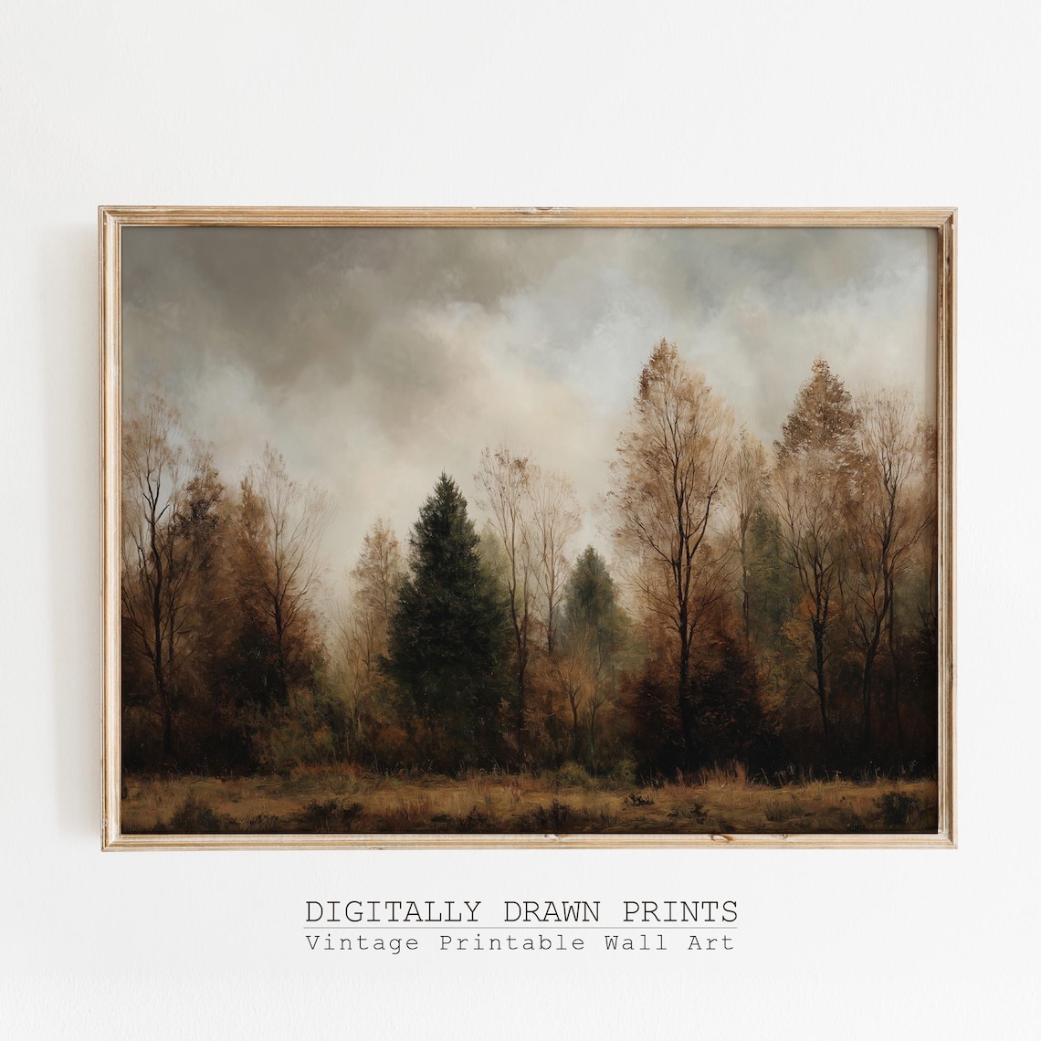 Moody Autumn Forest Art Print, Rustic Trees Decor