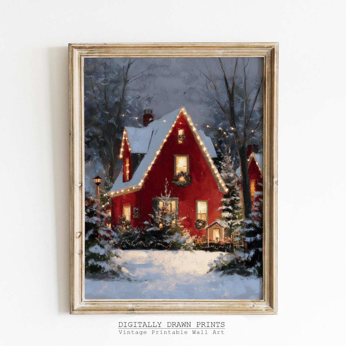 Red Christmas Cottage Art Print, Festive Holiday Home