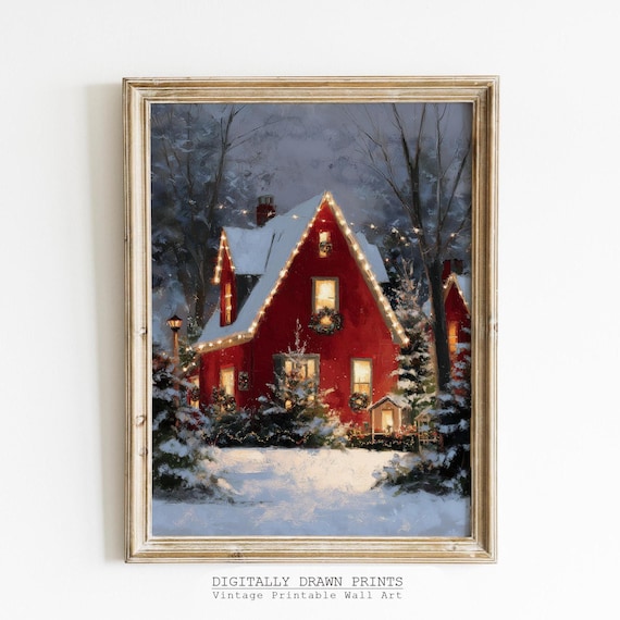 Red Christmas Cottage Art Print, Festive Holiday Home