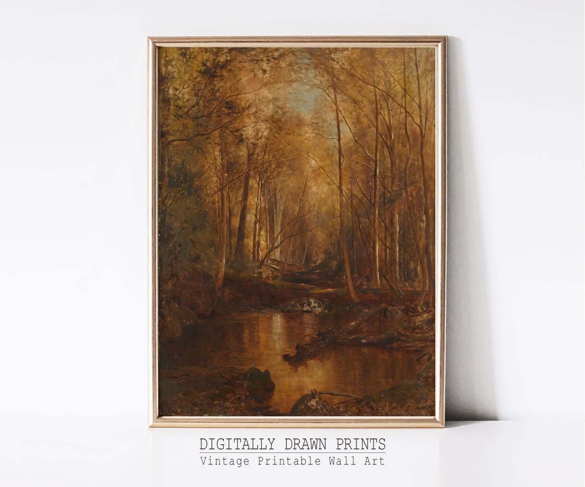 Golden Autumn Forest Stream Reflections Vintage Moody Landscape Print - Image 3