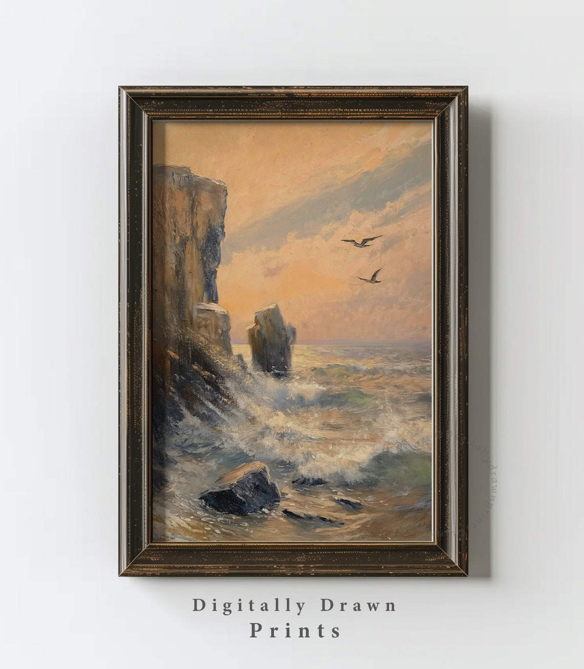 Dramatic Coastal Cliffs Sunset Waves Seagulls Seascape Art Print - Image 2