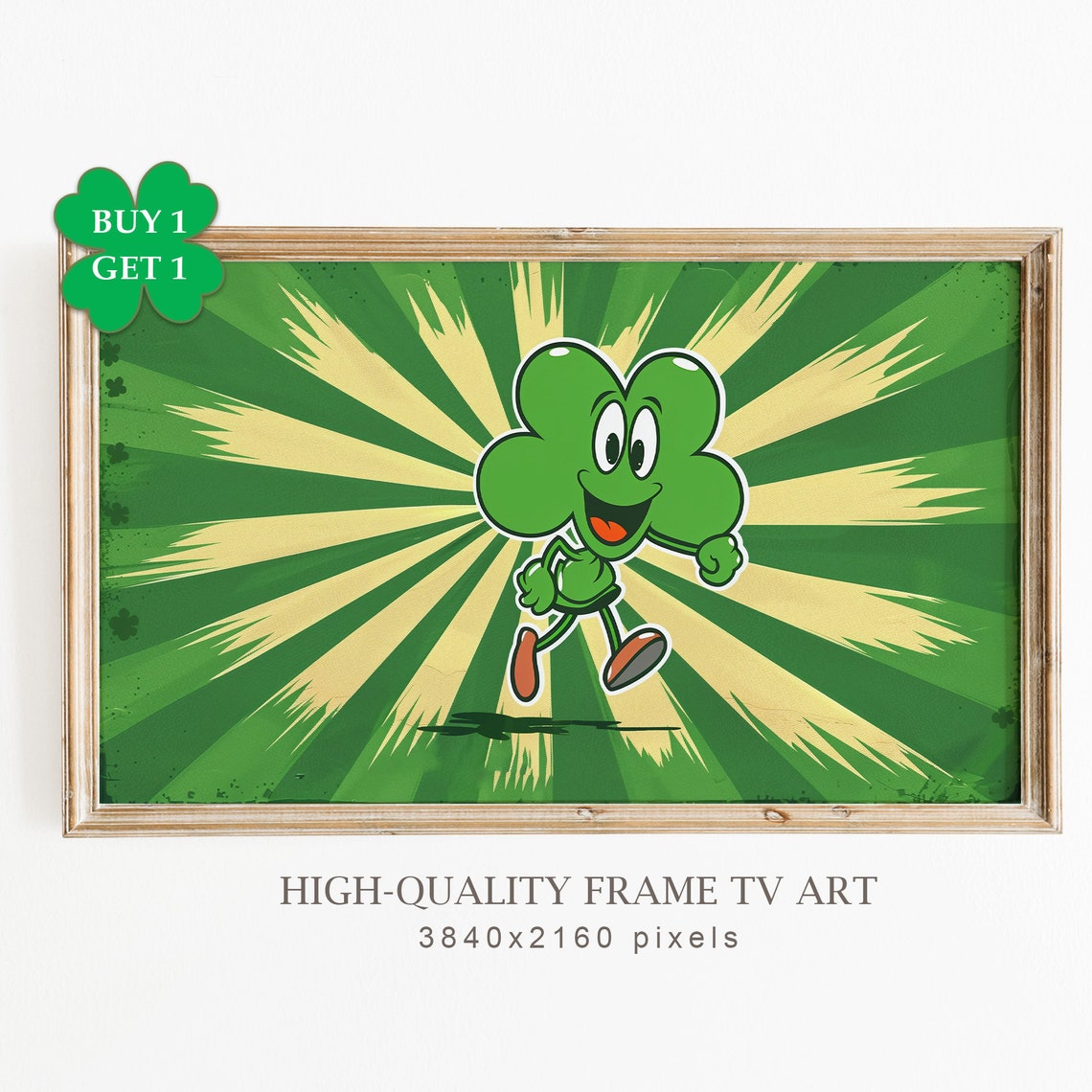 Retro Cartoon Shamrock Character Running Sunburst St Patricks Poster
