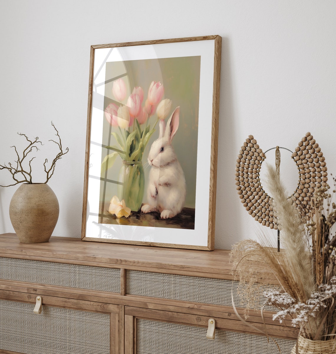 White Bunny Pastel Tulips Glass Vase Ribbon Vintage Spring Oil Print - Image 2