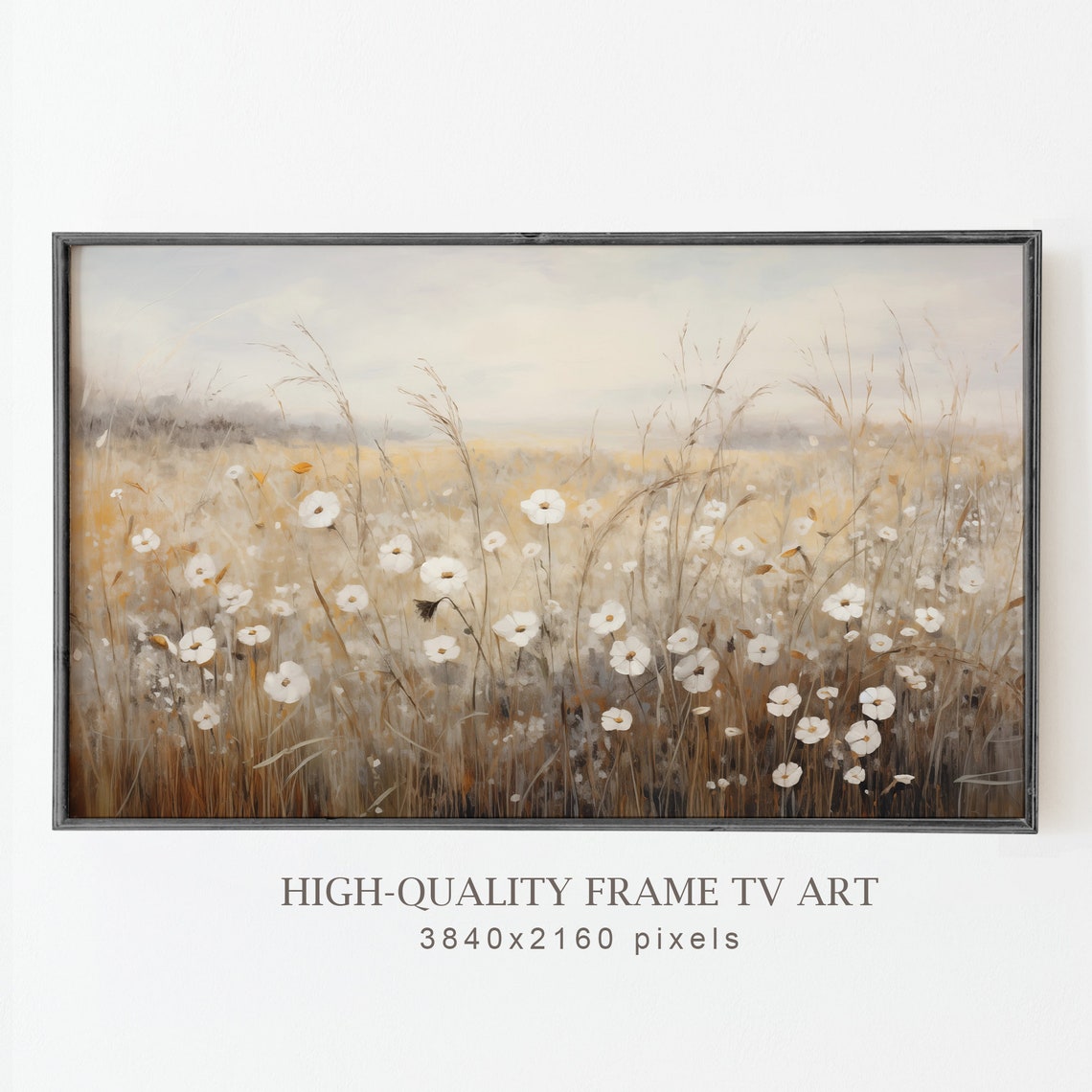 Moody White Cosmos Misty Golden Meadow Neutral Spring Wall Art - Image 4