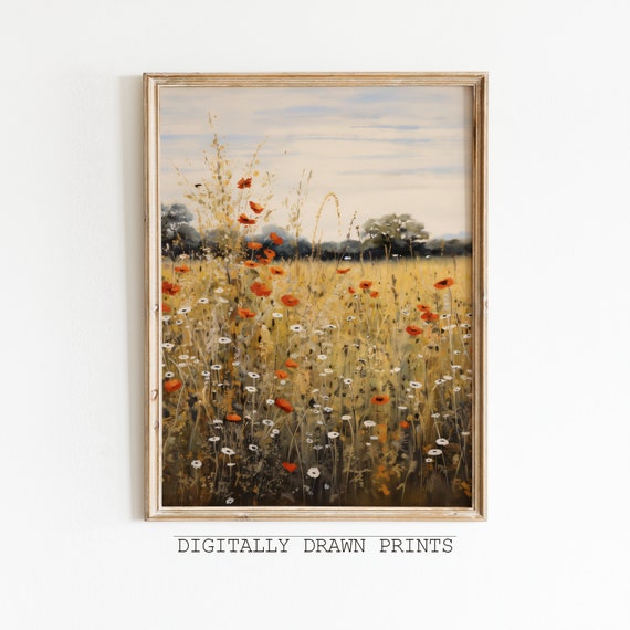 Autumn Wildflower Field Landscape Vintage Farmhouse Art Print