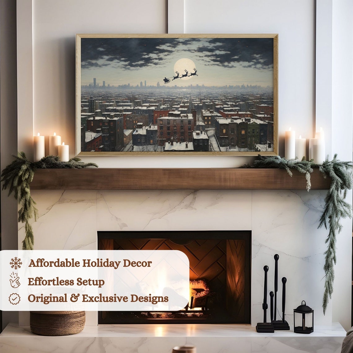 Christmas Frame Tv Art Set Santa Oil Painting Art For Tv Santa Sleigh And Reindeers Vintage Snowy Tv Art Seasonal Christmas Decor Tv Frame - Image 3