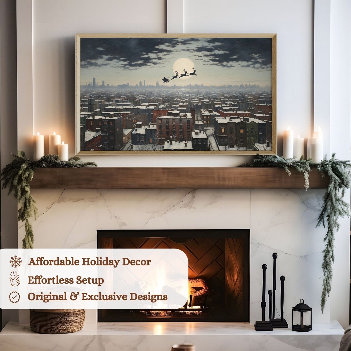 Set Of 4 Santa Sleigh Christmas Night Scenes Vintage Holiday Art Print - Image 3