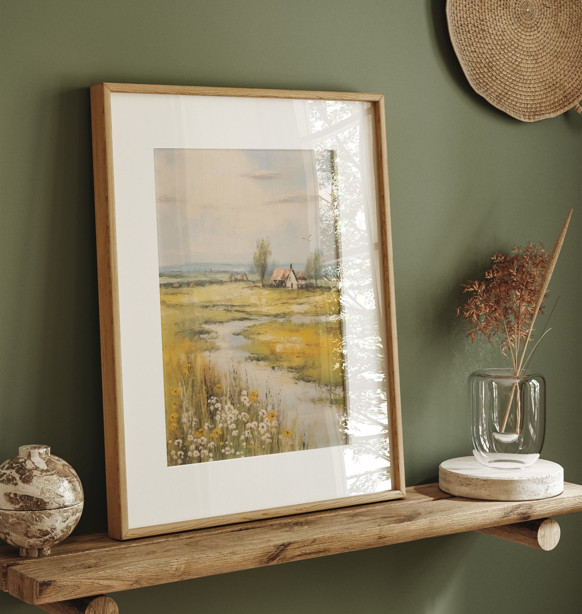 Country Cottage by Winding Stream Golden Meadow Landscape Print - Image 4
