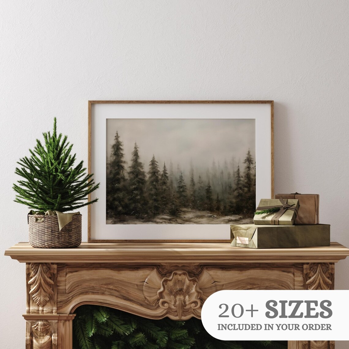 Vintage Winter Pine Forest Christmas Art Print - Image 3