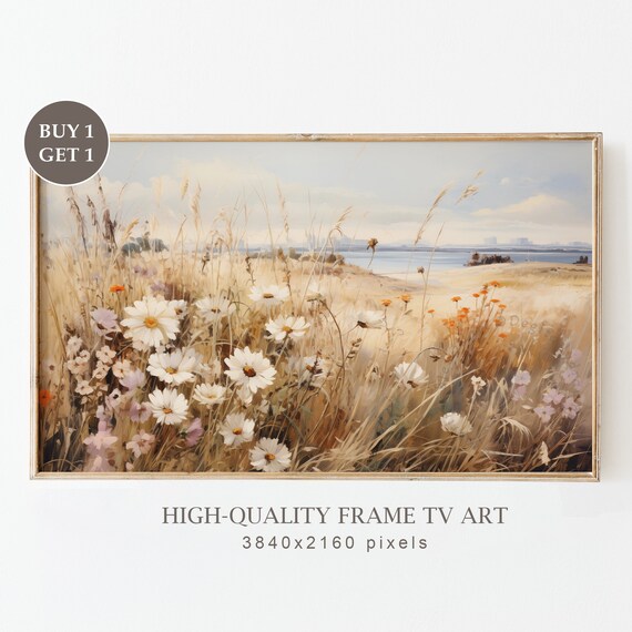 White Daisy Golden Grass Meadow Lake Shore Spring Field Wall Art