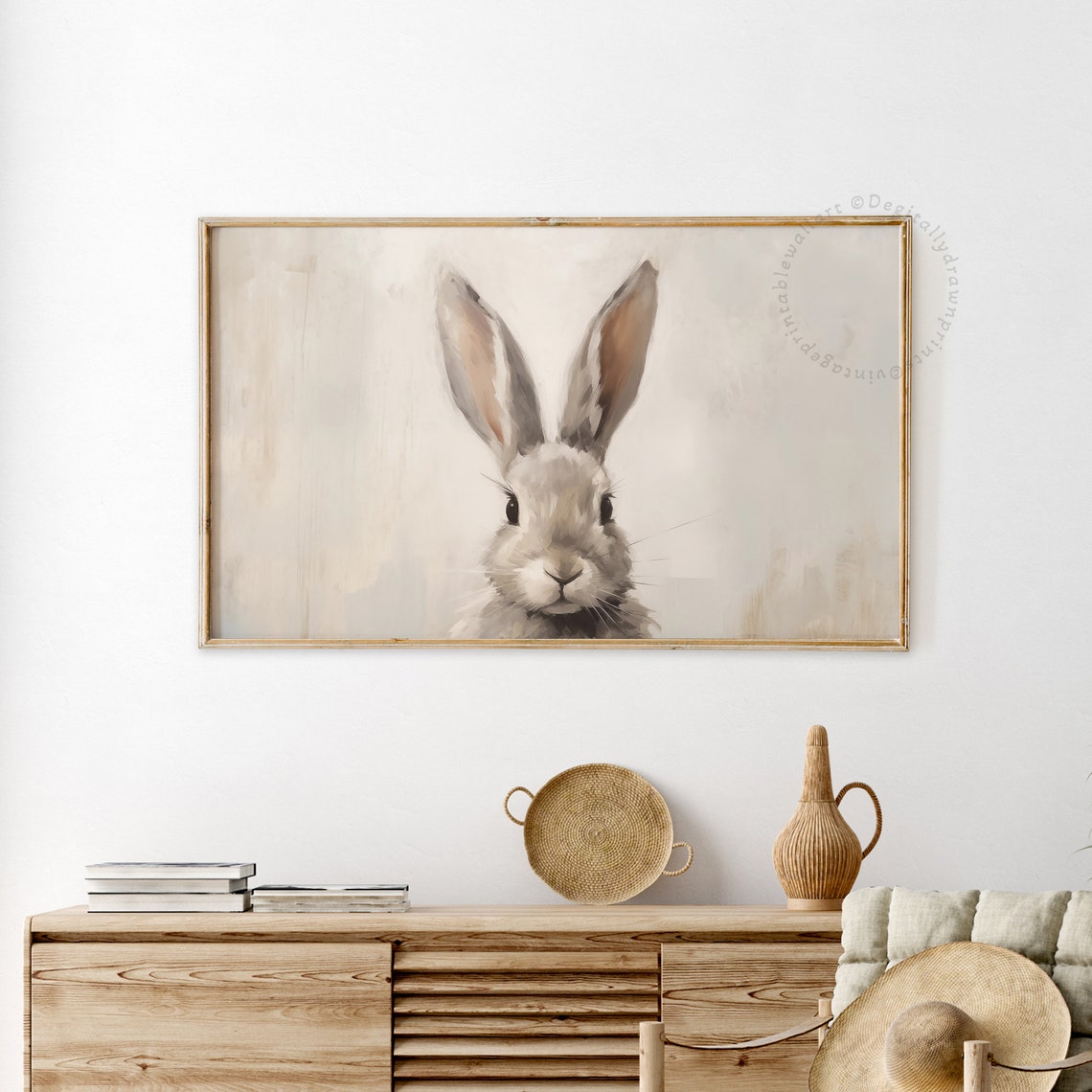 Close-Up Gray Bunny Portrait Minimal Neutral Spring Art Print - Image 2