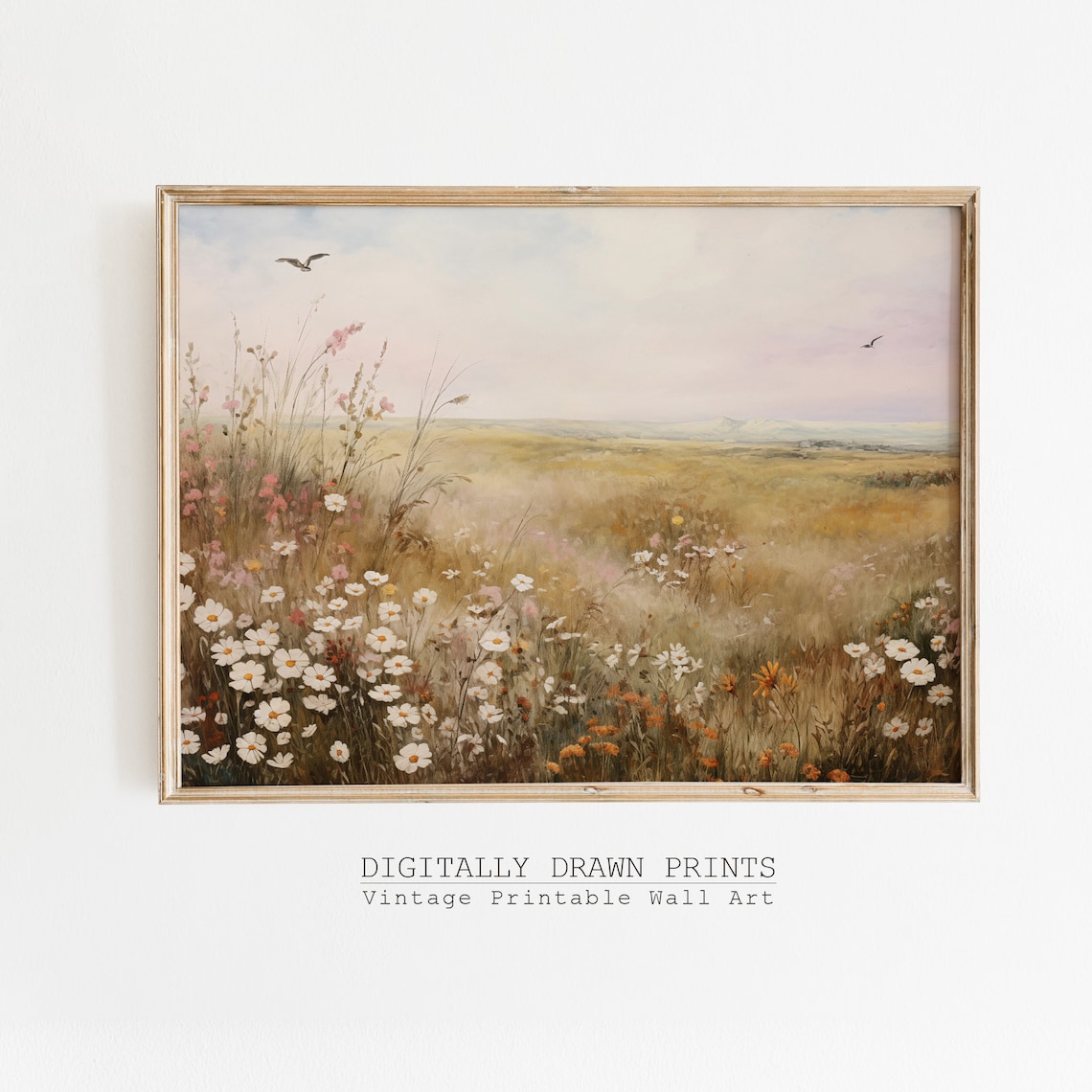 Misty Daisy Field Birds Flying Soft Pink Sky Vintage Impressionist Print