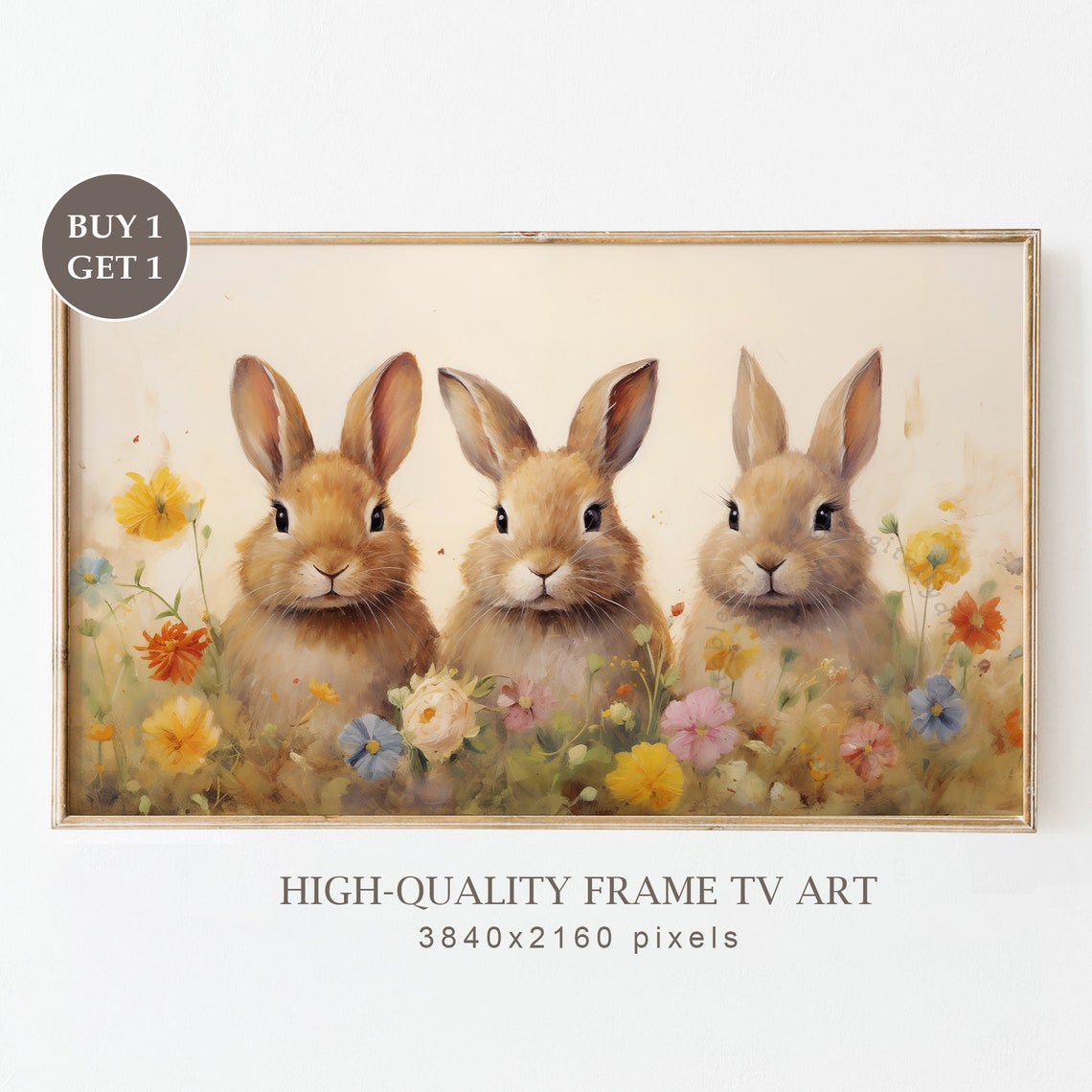 Three Brown Bunnies Wildflower Field Vintage Easter TV Art Poster