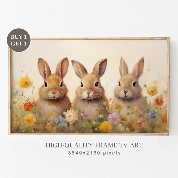 Three Brown Bunnies Wildflower Field Vintage Easter TV Art Poster