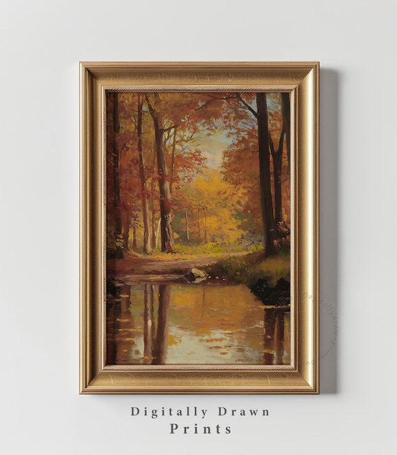 Autumn Forest Creek Golden Reflections Vintage Fall Landscape Poster