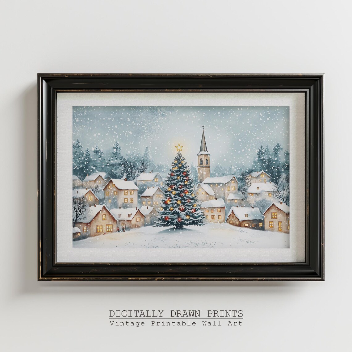 Snowy Christmas Village Church Steeple Lit Tree Glowing Windows Poster - Image 3