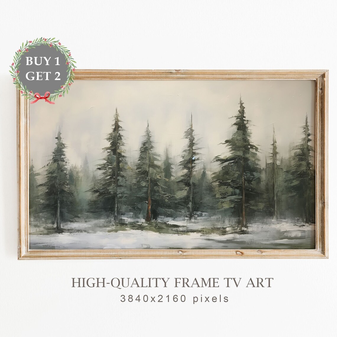 Winter Forest Painting, Snowy Pine Trees Vintage