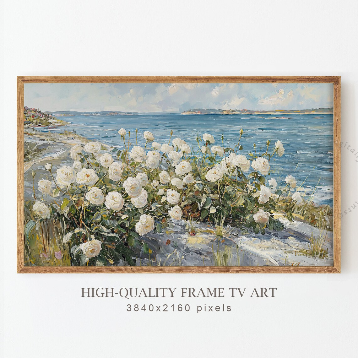 White Roses Rocky Shore Blue Ocean Coastal Floral Oil Poster - Image 4