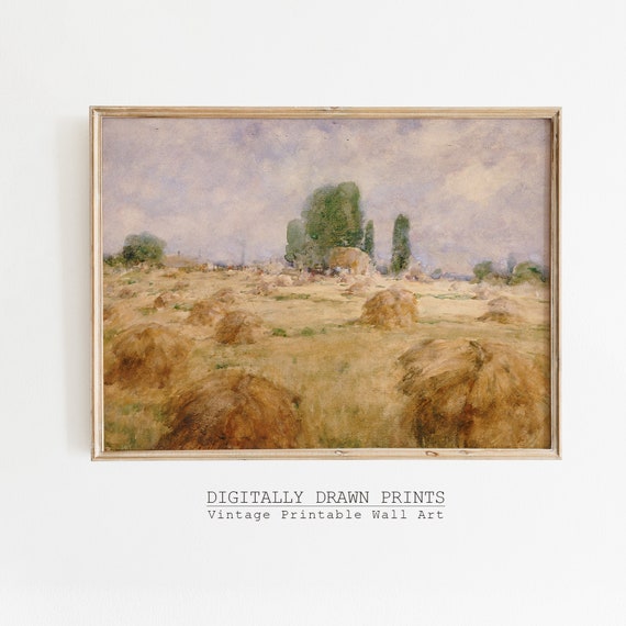 Wheat Field Landscape Oil Painting Country Landscape Art Print Farmhouse Wall Art Cottagecore Decor