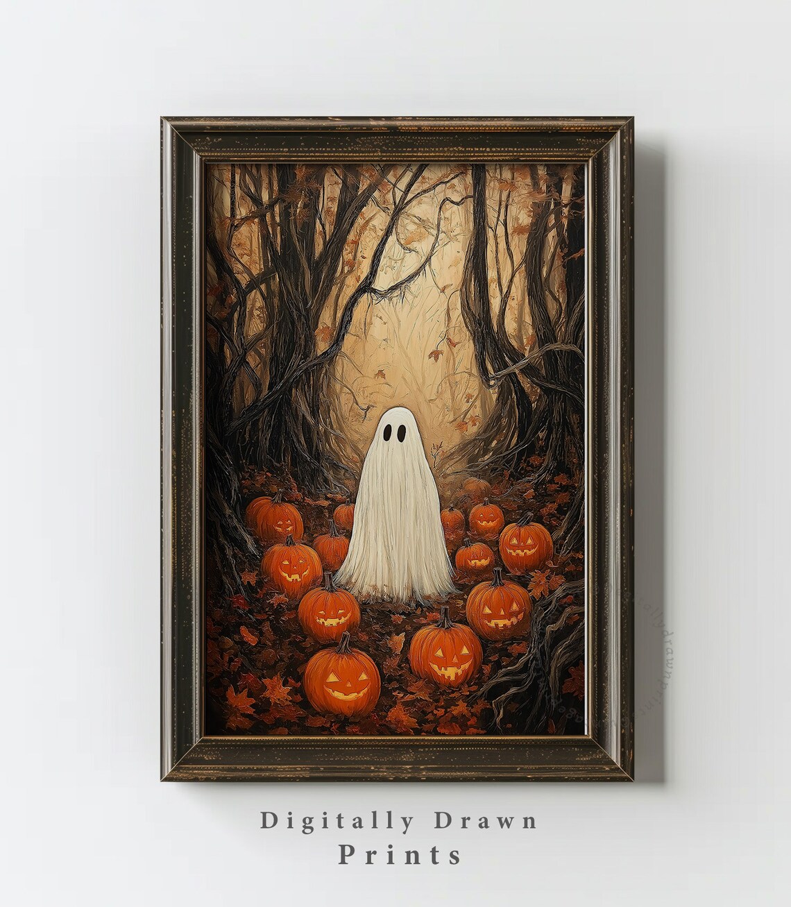 Moody Ghost Halloween Painting, Vintage Autumn Landscape