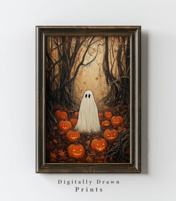 Moody Ghost Halloween Painting, Vintage Autumn Landscape