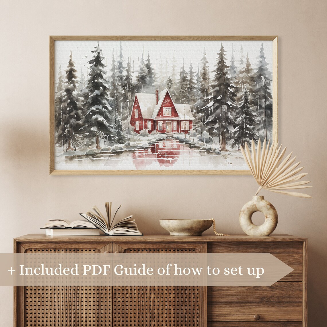 Red Wooden House Reflected In Icy Winter Lake Forest Painting Print - Image 2