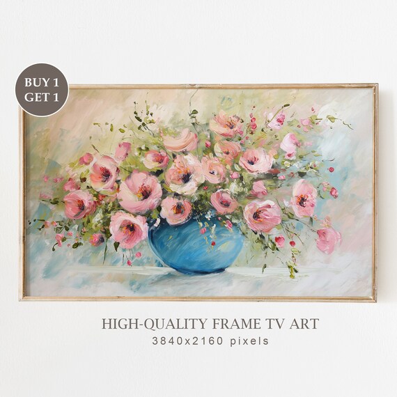 Pink Poppies Blue Vase Textured Floral Still Life Oil Painting Summer Poster
