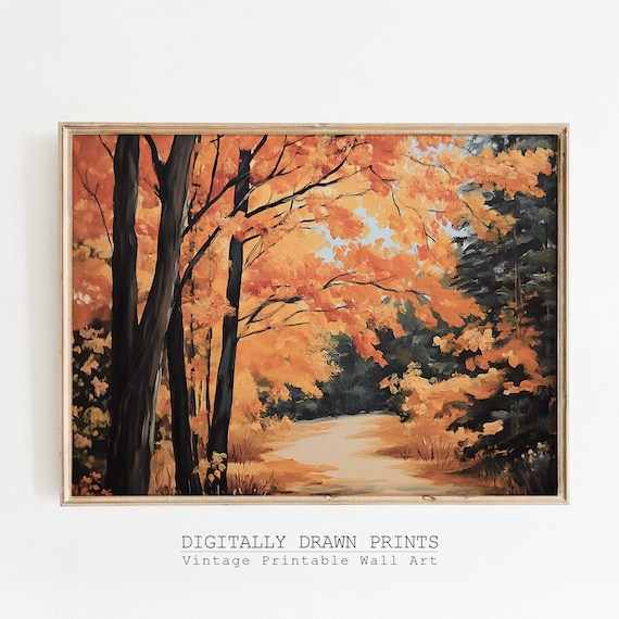 Golden Autumn Forest Path Orange Canopy Tall Dark Trunks Poster