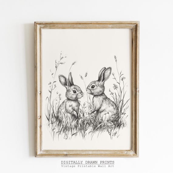 Easter Bunny Sketch Vintage Rabbit Drawing Cute Bunnies In Wildflowers Spring Farmhouse Wall Art Rustic Decor Print