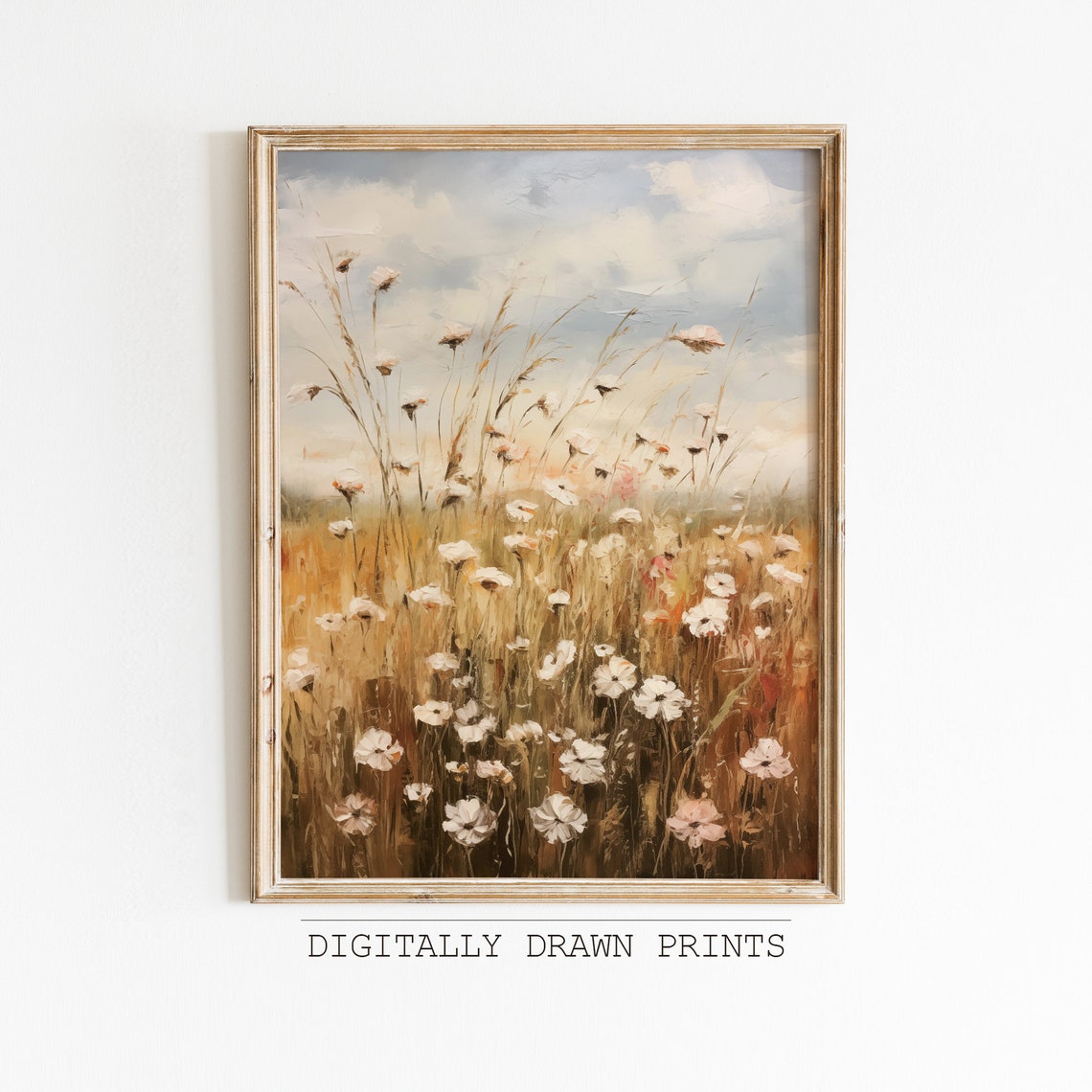 White Wildflowers Golden Wheat Field Vintage Botanical Poster