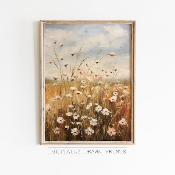 White Wildflowers Golden Wheat Field Vintage Botanical Poster