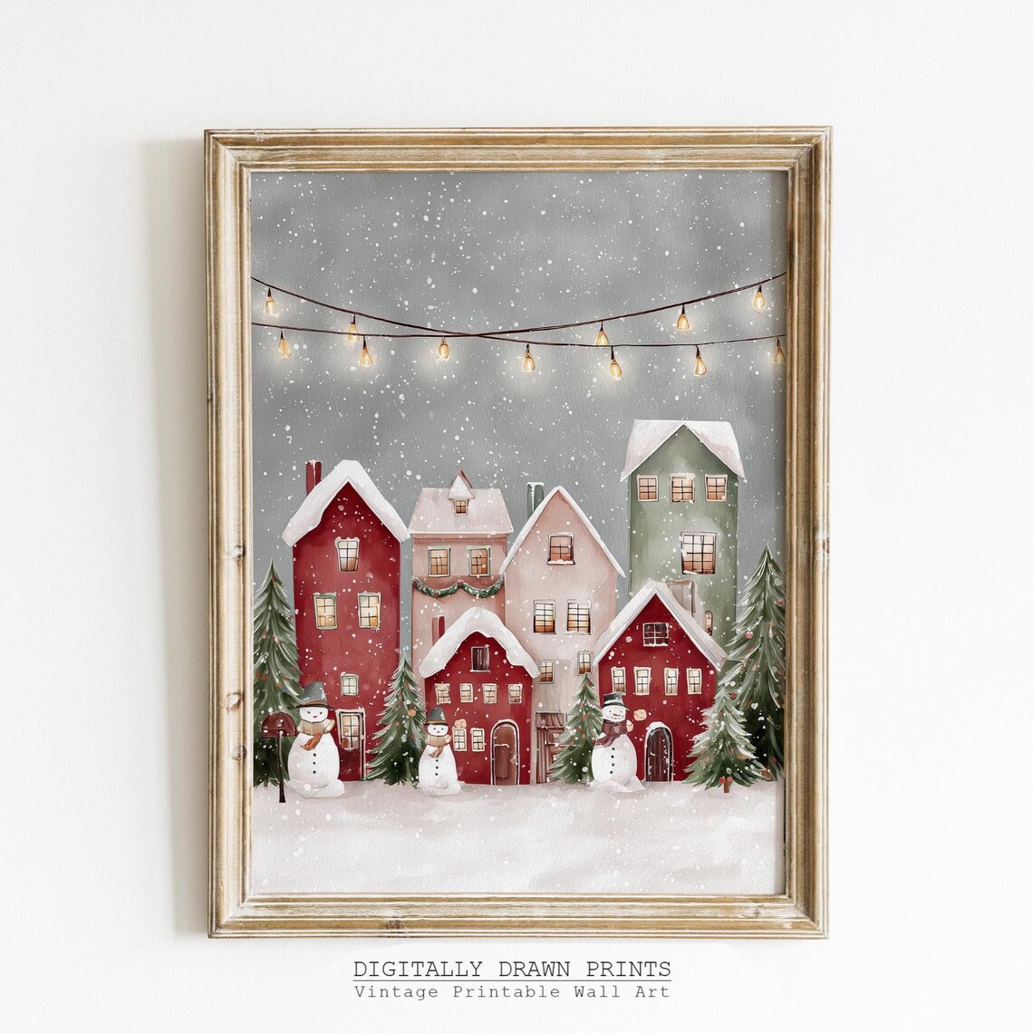 Watercolor Christmas Village Art Print, Winter Landscape