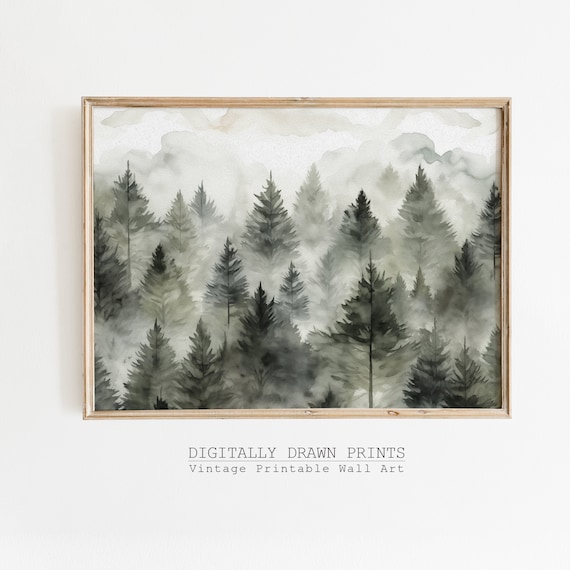 Moody Winter Pine Trees and Snowy Mountains Art Print