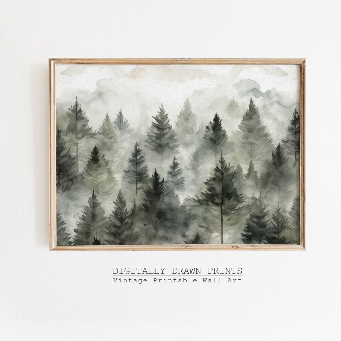 Moody Winter Pine Trees and Snowy Mountains Art Print