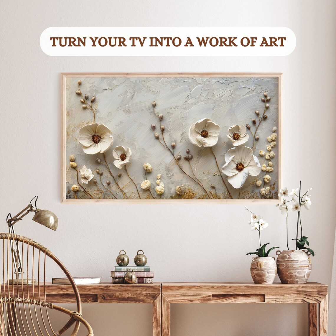 White 3D Minimalist Flowers Textured Neutral Abstract Frame TV Art Print - Image 3